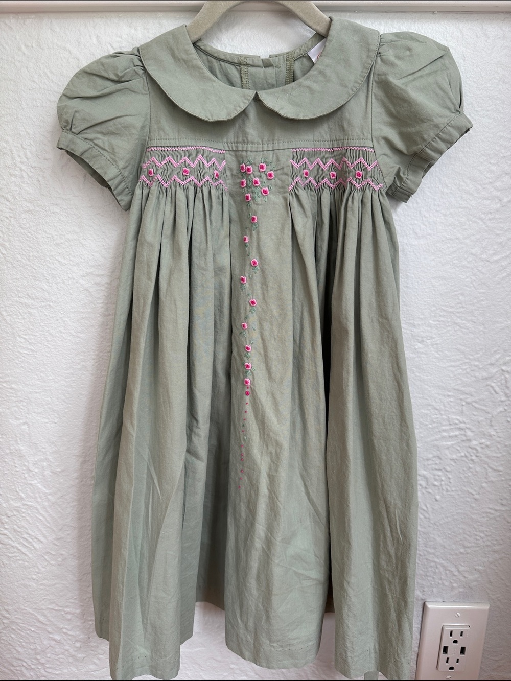 Girls Sage Green Peter Pan Collar Dress with Pink Embroidery